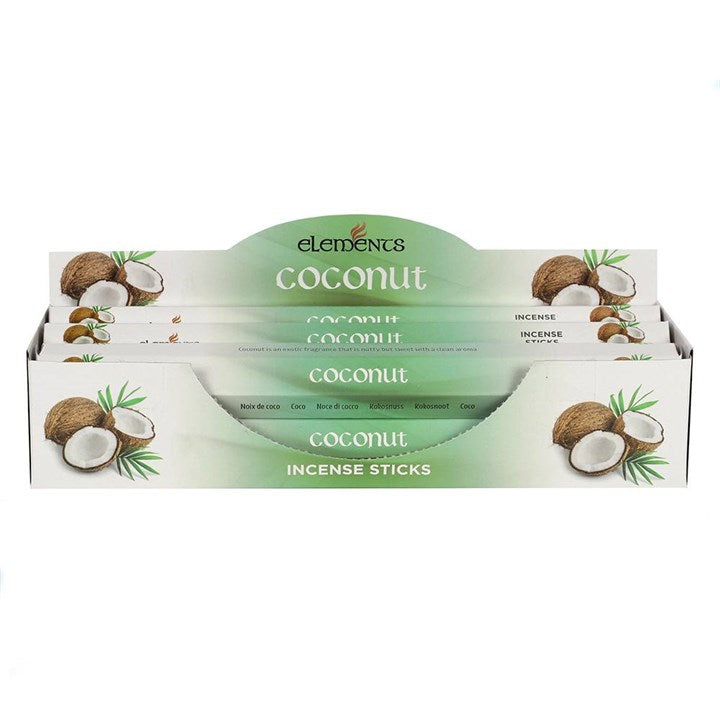 Box of Coconut Incense Sticks with 'Elements' branding on a white background