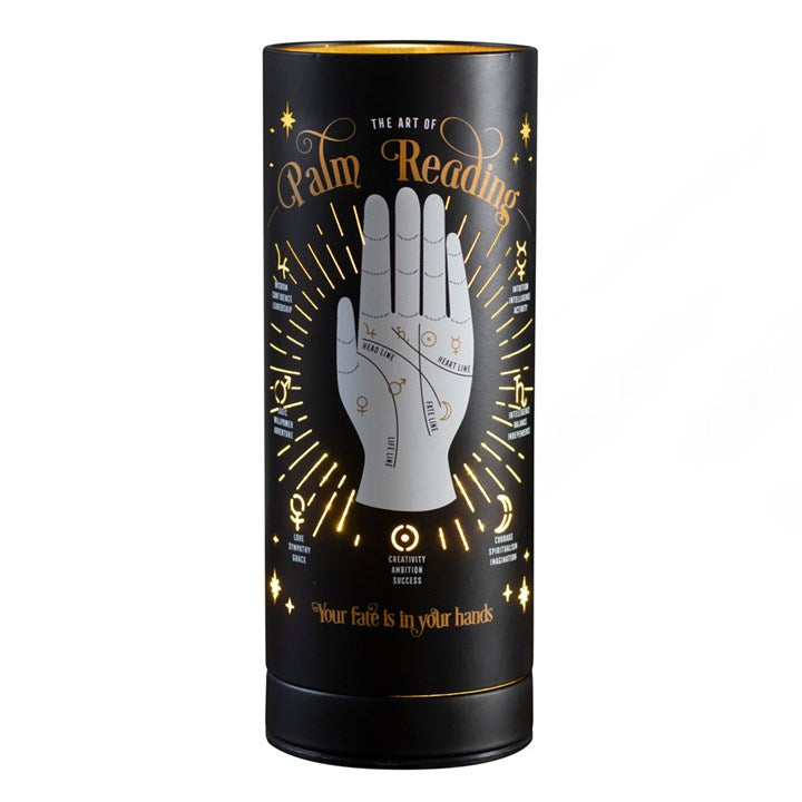 Palm reading guide with black cylindrical cover on a white background