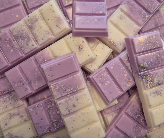 Handmade purple and cream wax melt snap bars with glitter finish