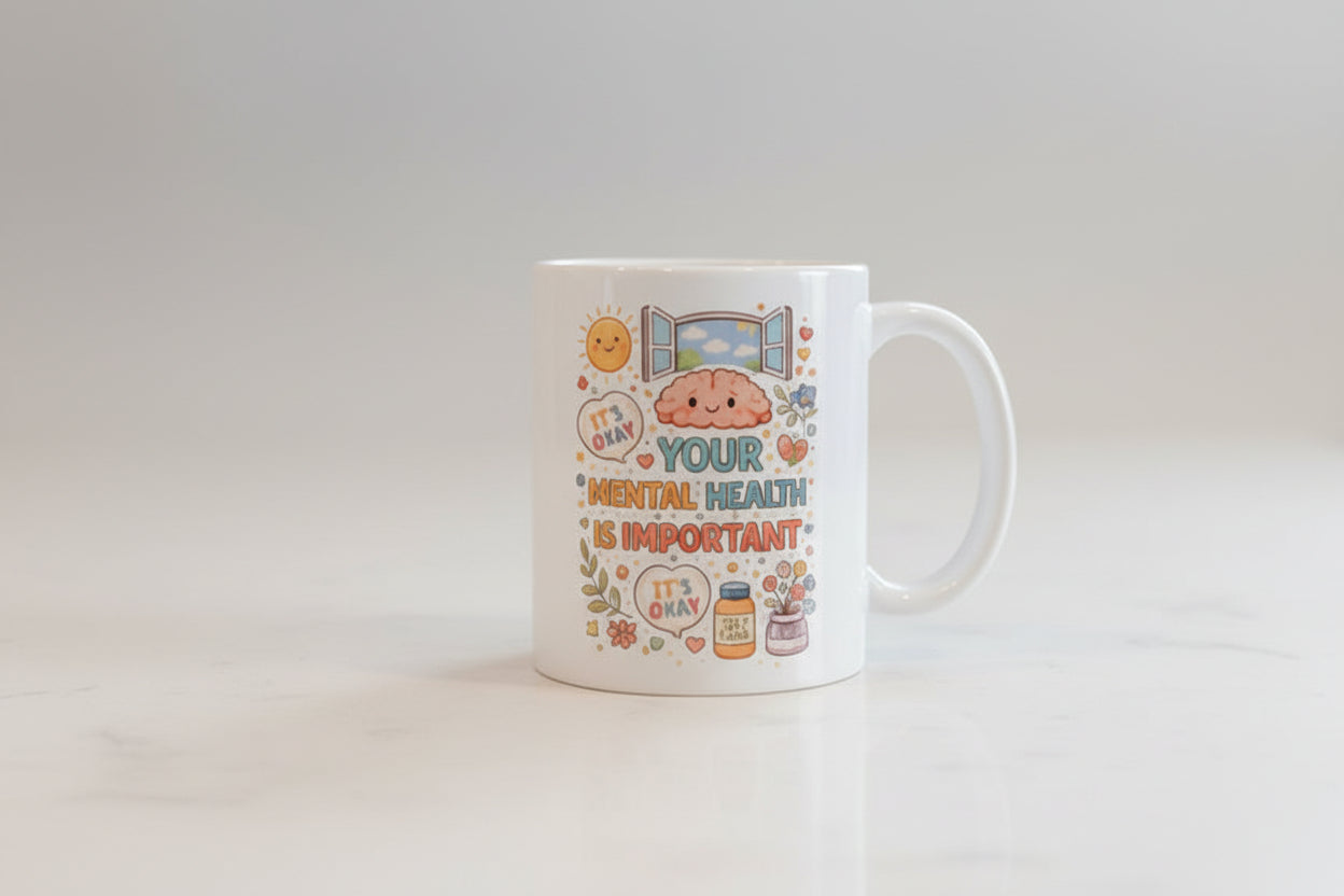 Mug with motivational design on a kitchen counter with an espresso machine and plant in the background