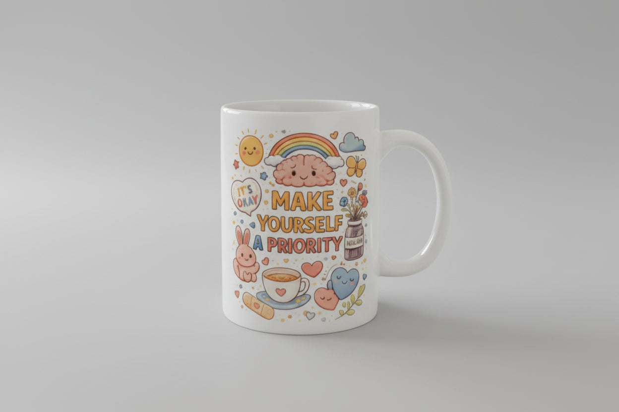 Mug with colorful designs and text 'Make Yourself a Priority' on a kitchen counter.