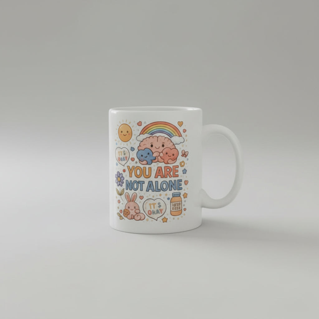 Mug with motivational quote on a kitchen counter next to a plant and coffee machine