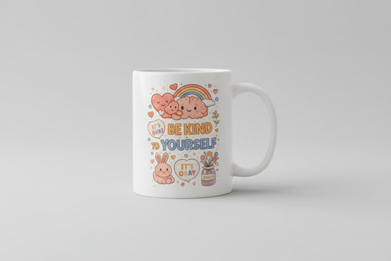 Mug with 'Be kind yourself' text and illustrations on a kitchen counter.