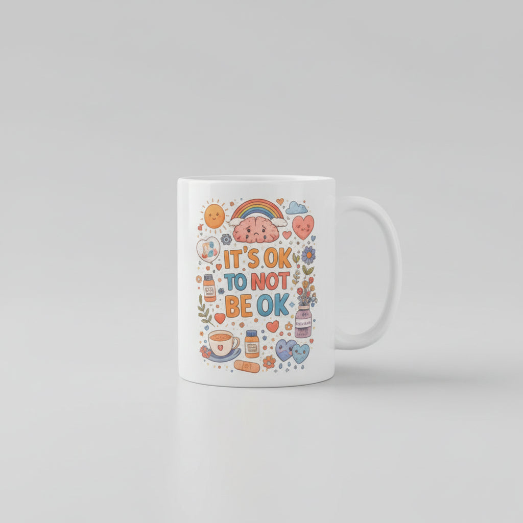 Mug with colorful text and graphics on a kitchen counter next to a coffee maker and plant