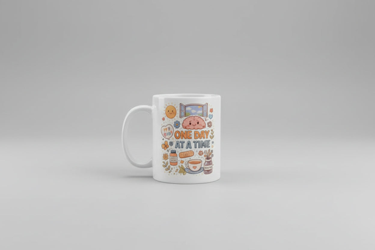 White mug with colorful design and text on a kitchen counter