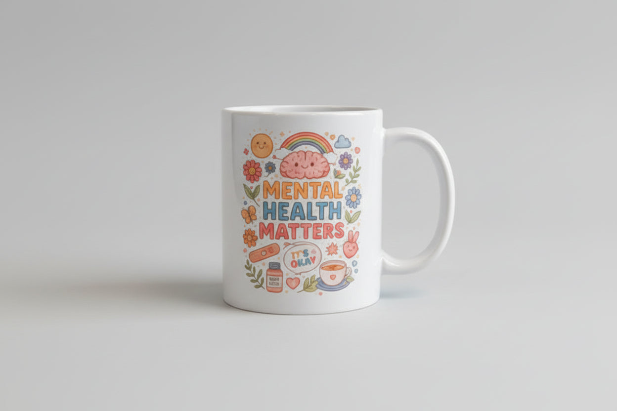 Mug with 'Mental Health Matters' design on a kitchen counter next to a coffee maker.