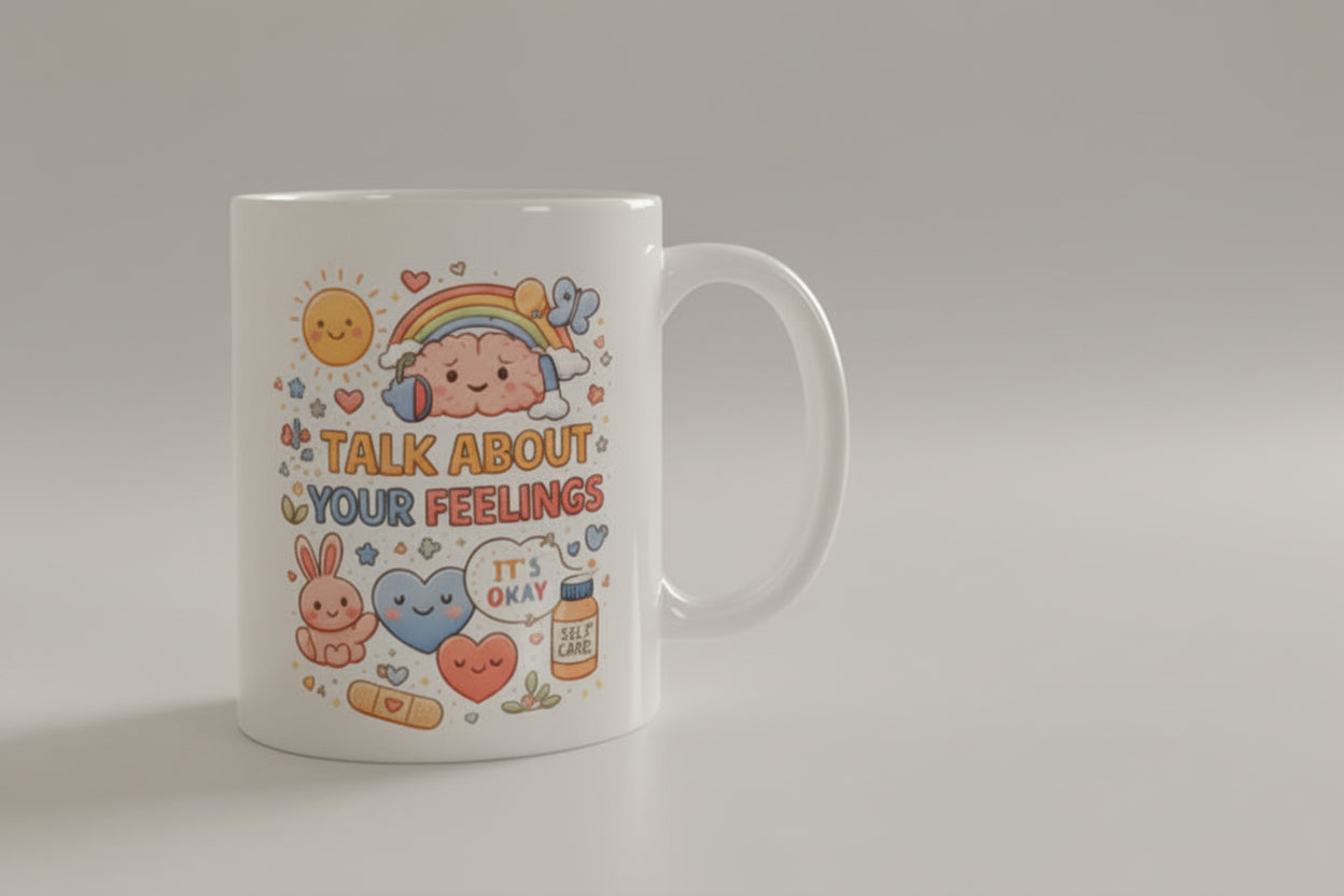 White mug with colorful illustrations and text on a kitchen counter