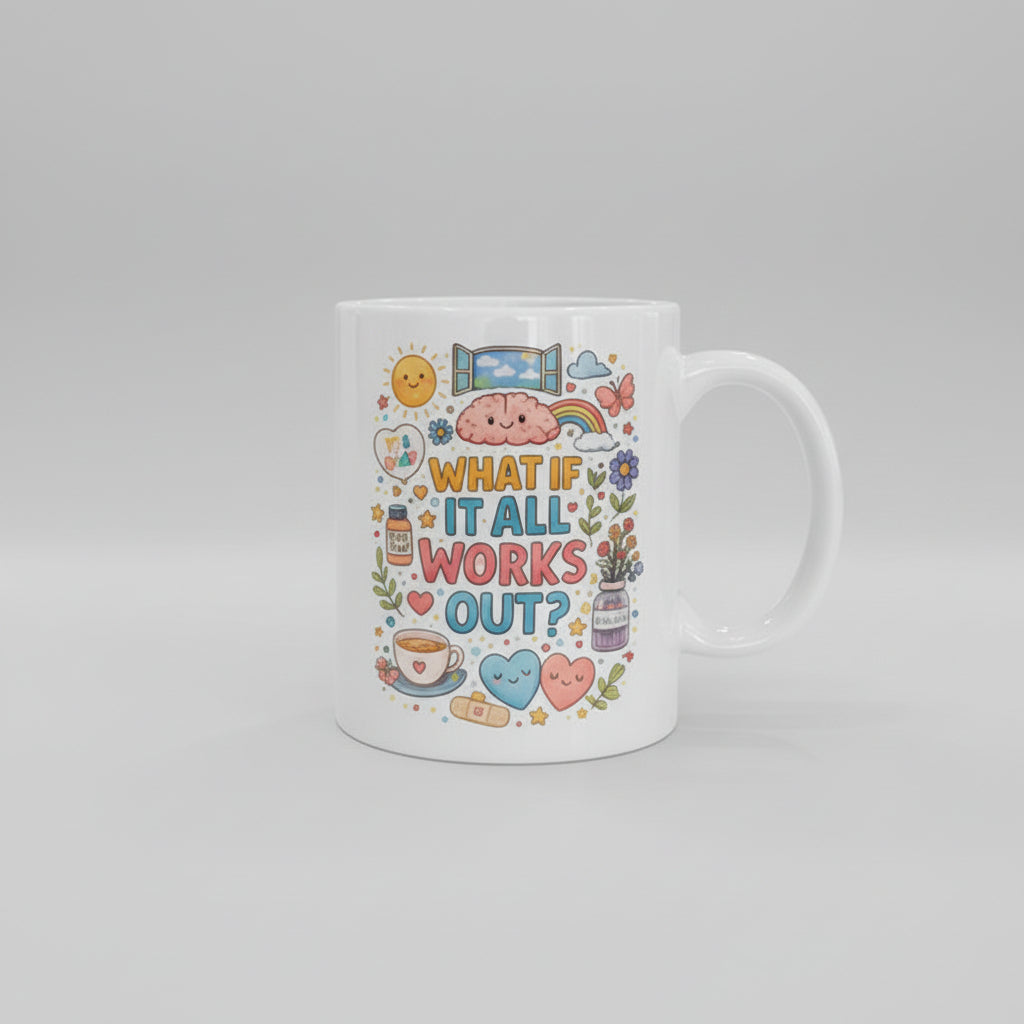 White mug with colorful design and text on a kitchen counter