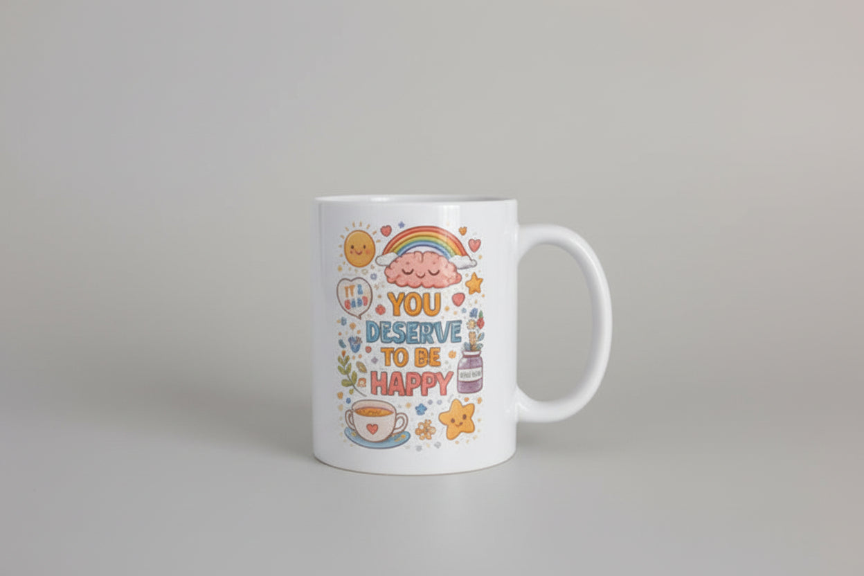 Mug with motivational quote next to an espresso machine on a countertop