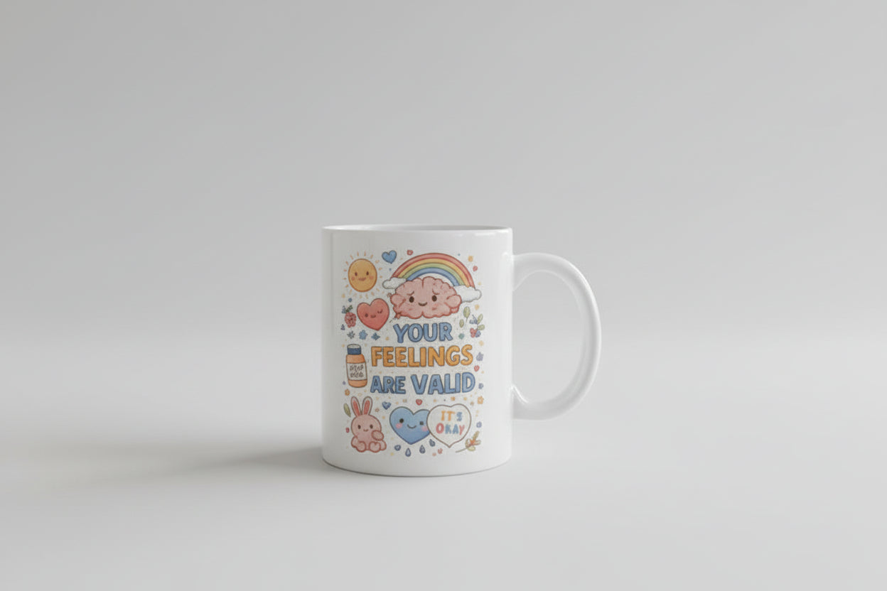 White mug with colorful design and text on a kitchen counter