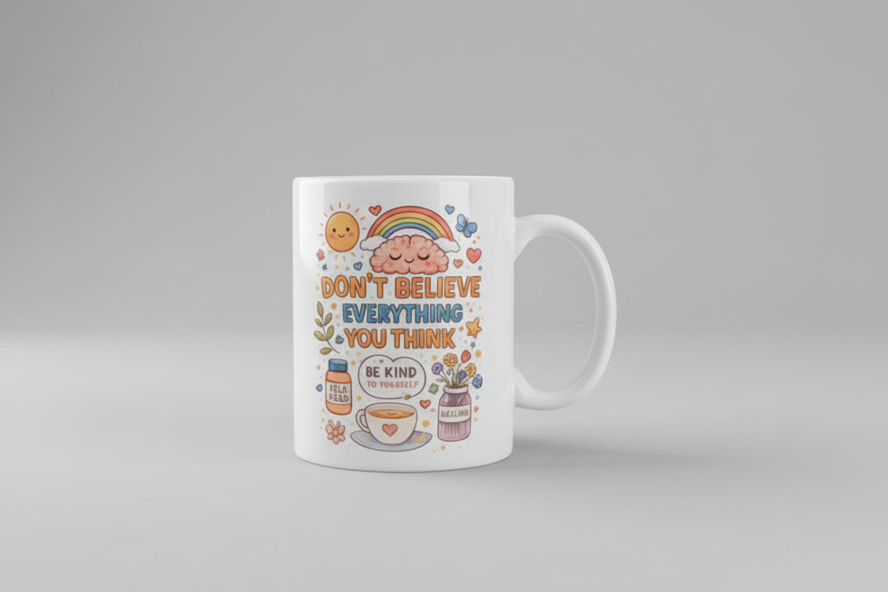 White mug with motivational quote and illustrations on a kitchen counter
