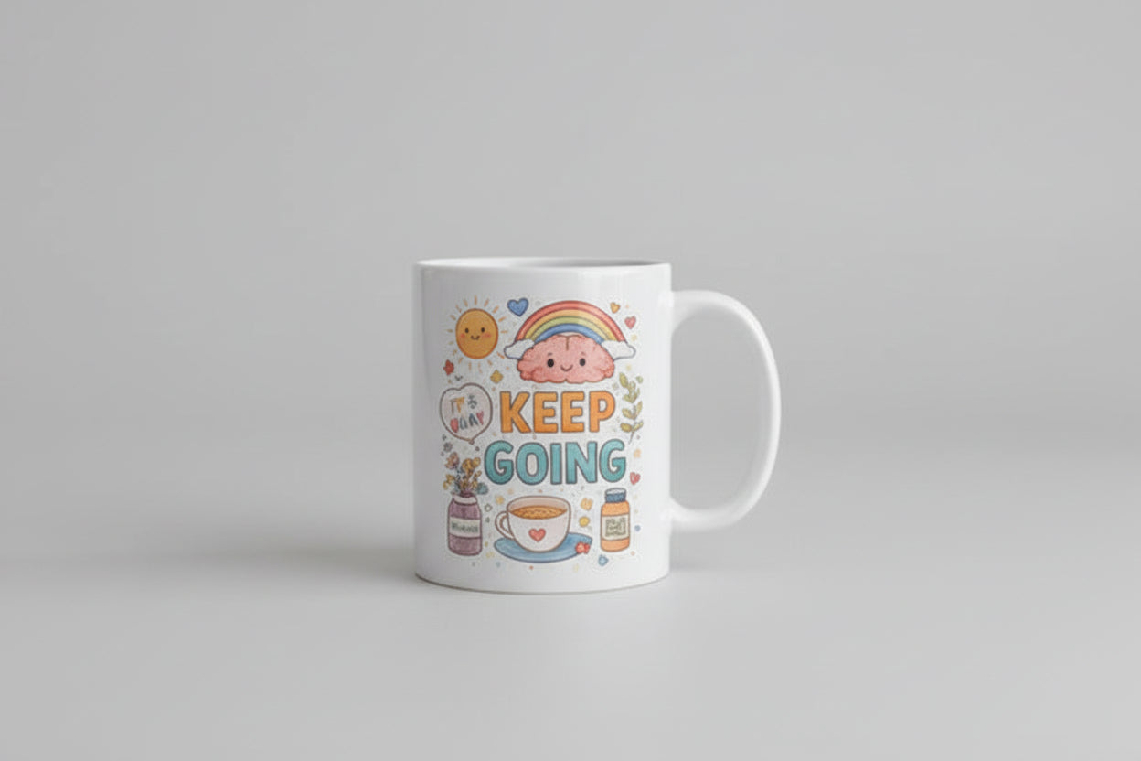 Mug with motivational design on a kitchen counter next to a coffee machine and plant