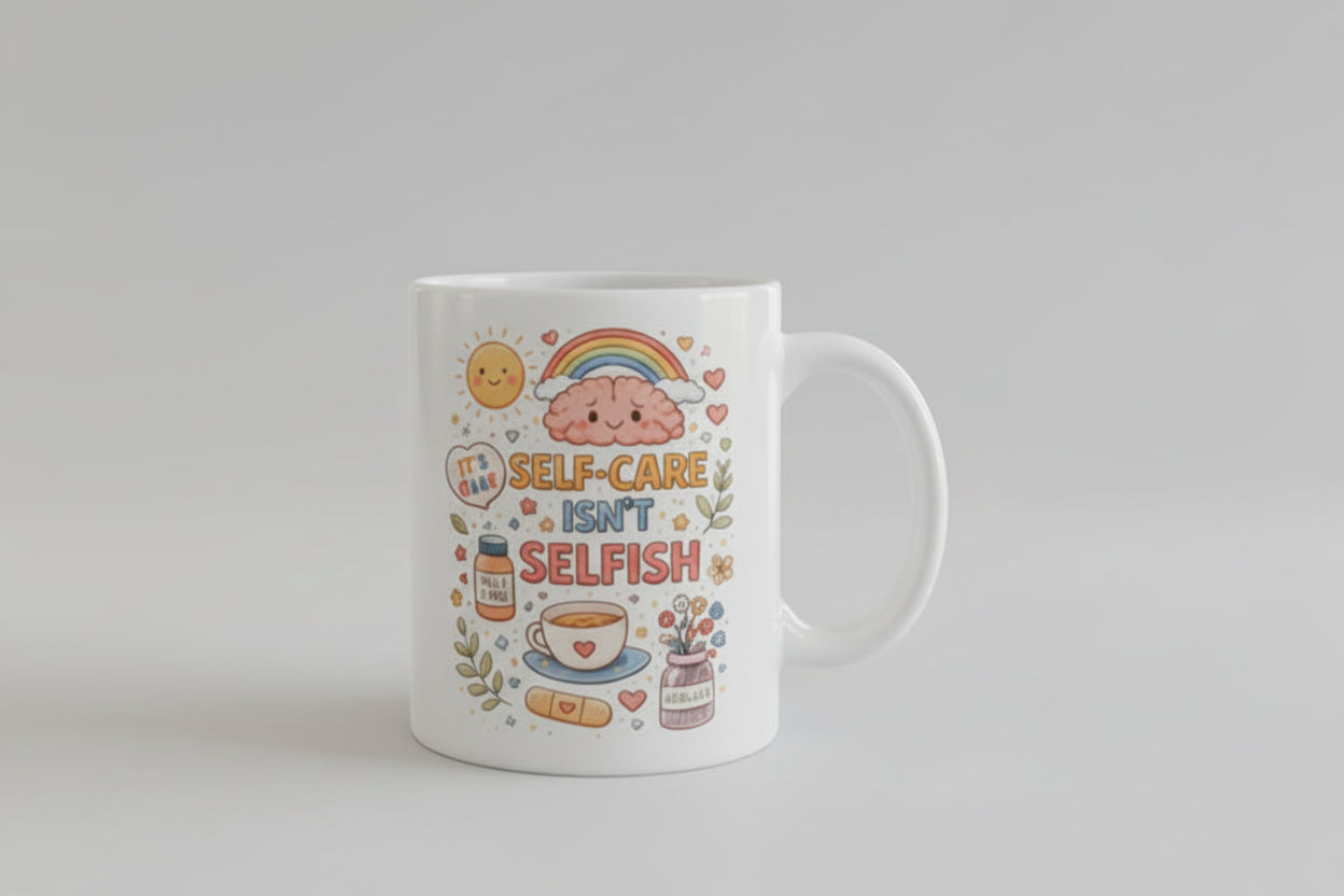 White mug with colorful design and text on a kitchen counter